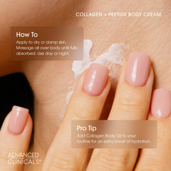 Advanced Clinicals collagen peptides ingredients: shea butter, quinoa seed, green tea, vitamin E