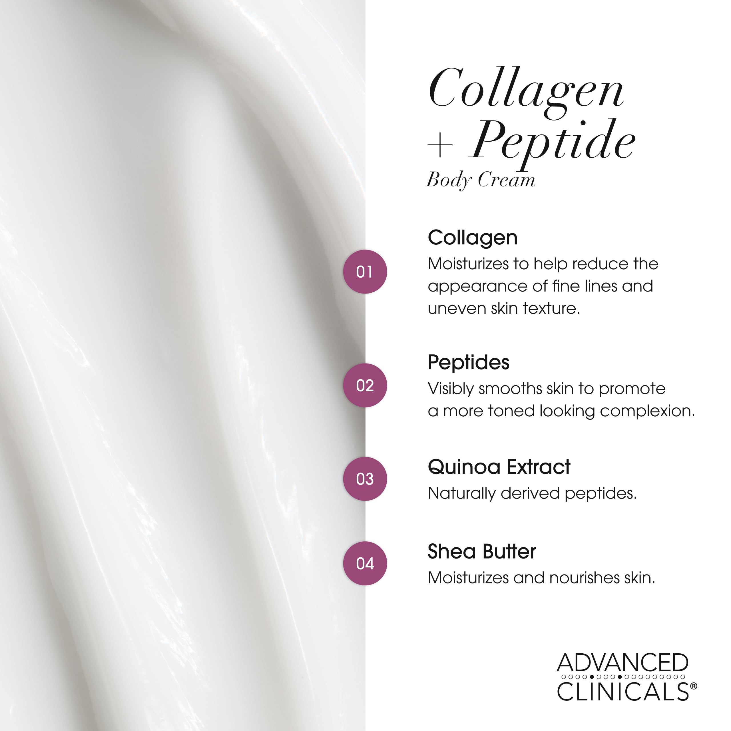 Advanced Clinicals Collagen Peptides quinoa seed label highlights nourishing moisture benefits.