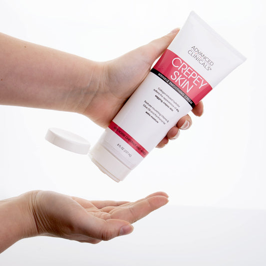 Advanced Clinicals Crepey Skin Cream being smoothed onto problem areas for texture improvement.