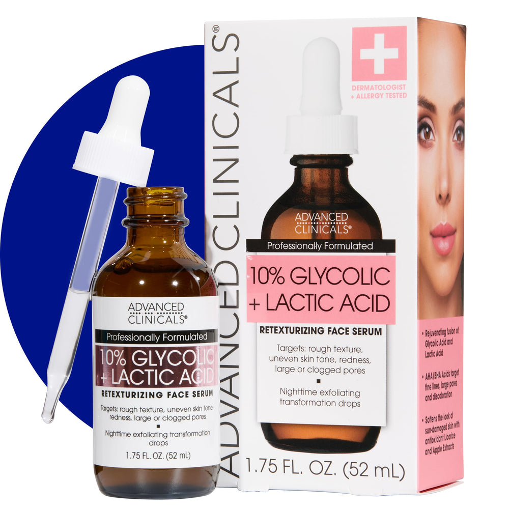 Advanced Clinicals exfoliating serum bottle on counter for smoother skin texture.