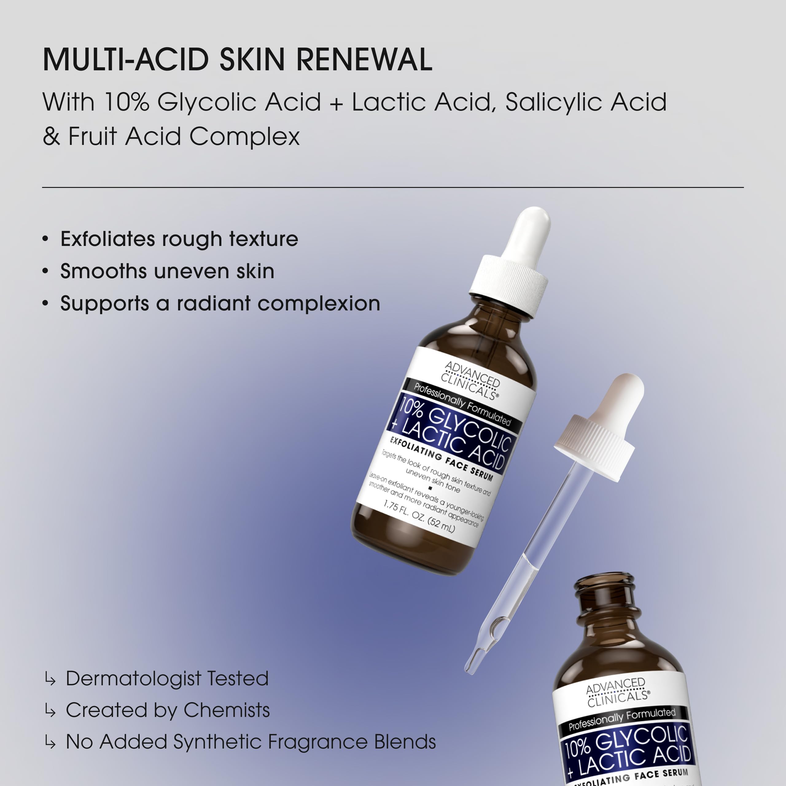 Closeup of the serum dropper with smooth gel texture for easy nightly use by Advanced Clinicals.