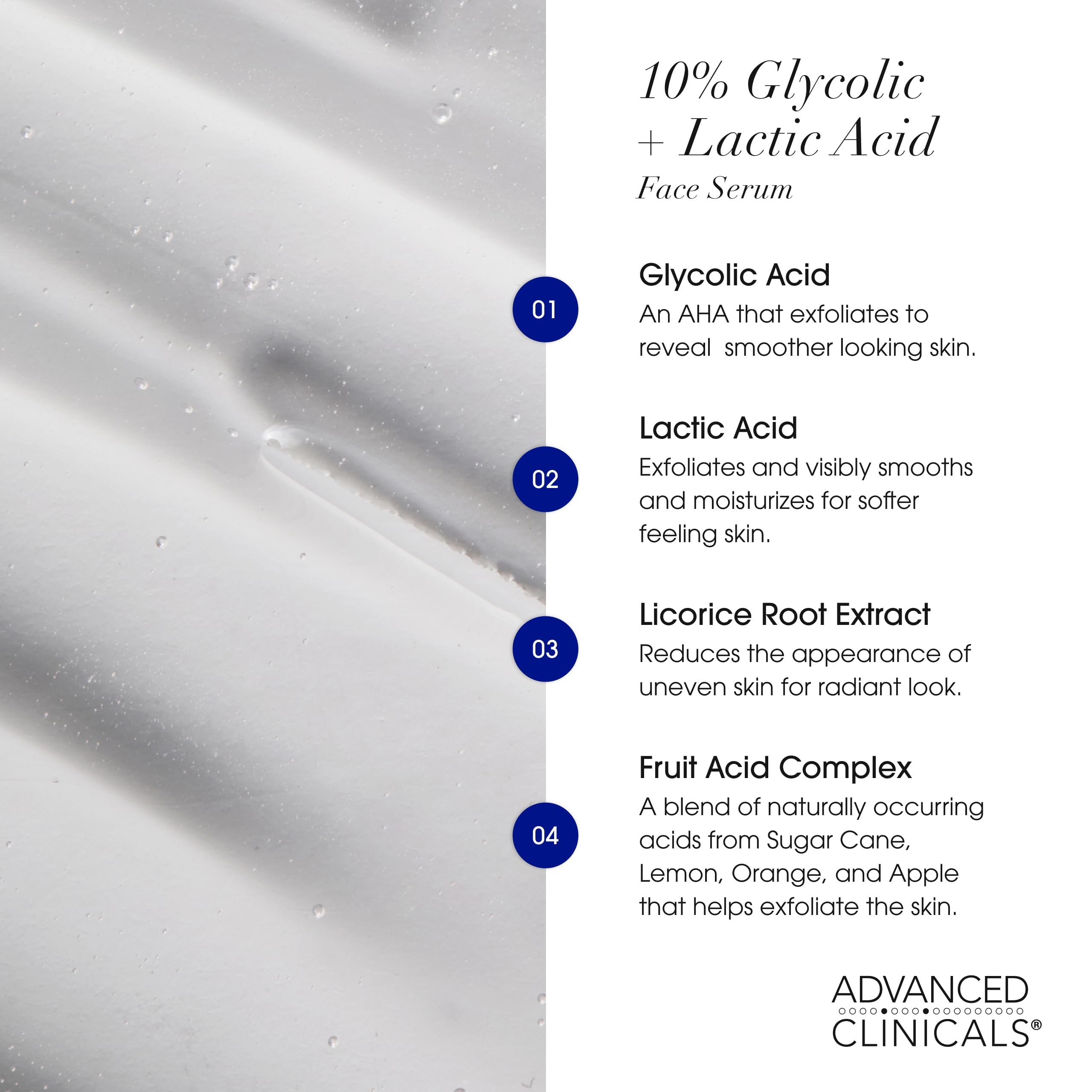 Advanced Clinicals serum ingredients show licorice root and fruit acids for tone support.