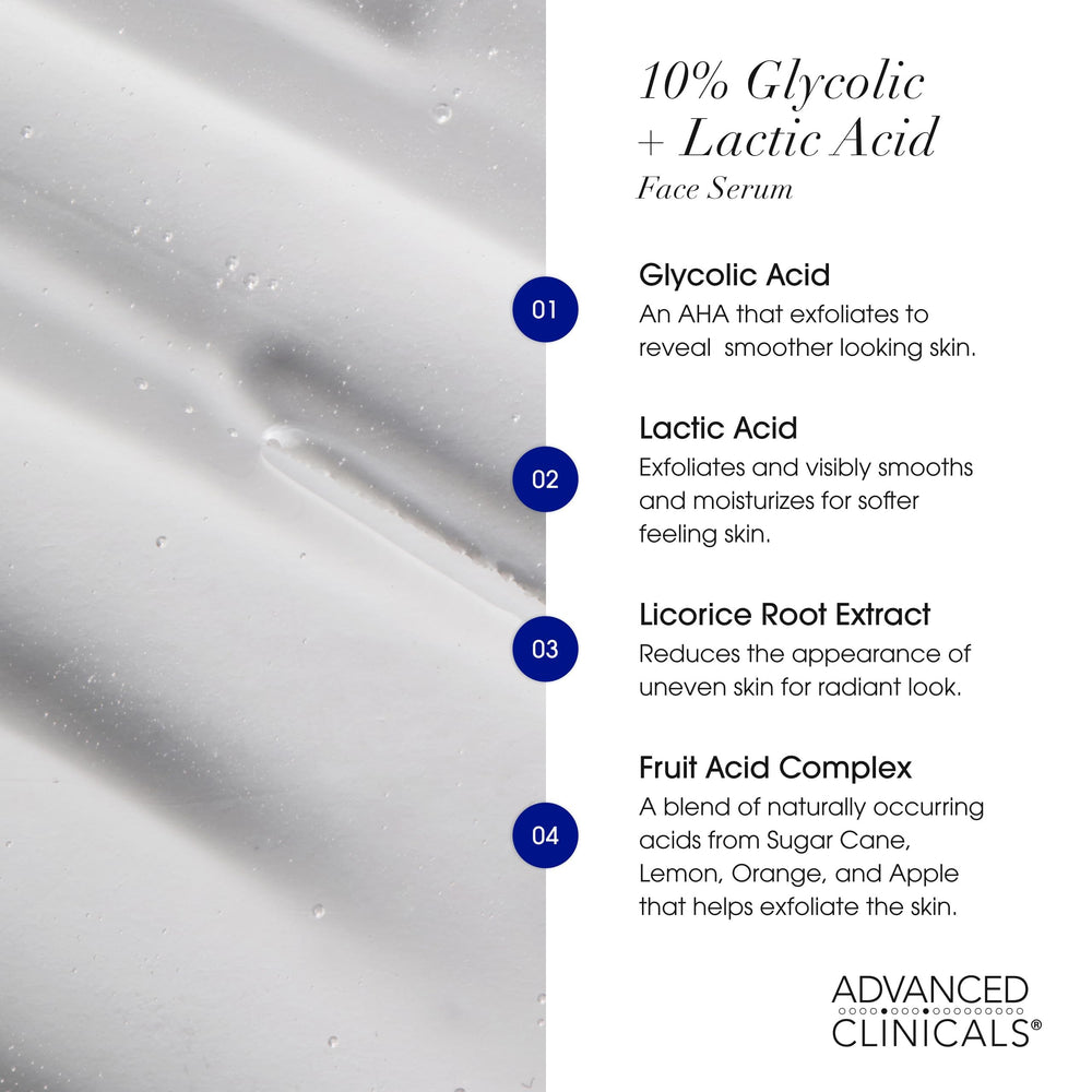 Advanced Clinicals serum ingredients show licorice root and fruit acids for tone support.