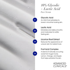 Advanced Clinicals serum ingredients show licorice root and fruit acids for tone support.