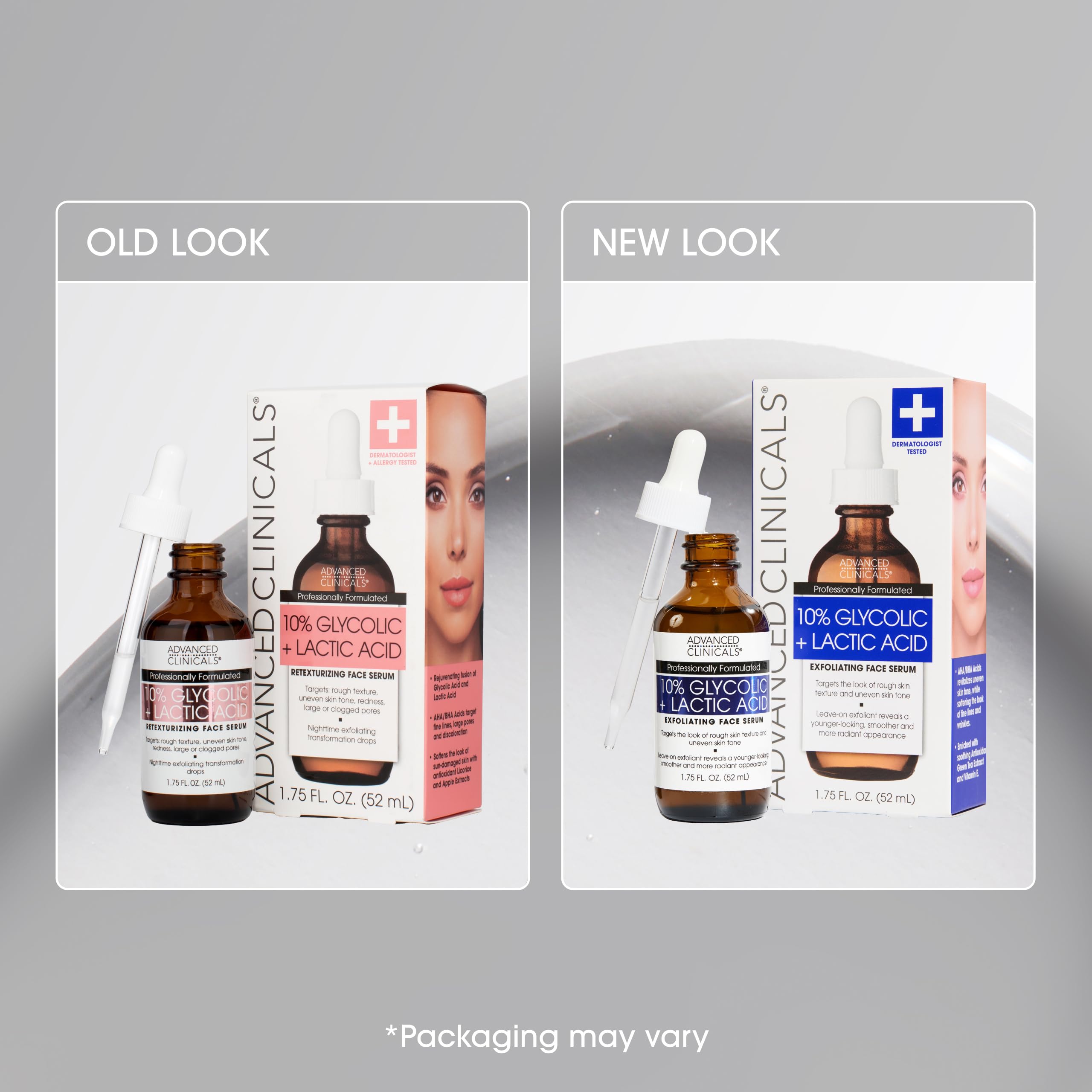 Packaging box and bottle display of Advanced Clinicals exfoliating serum.