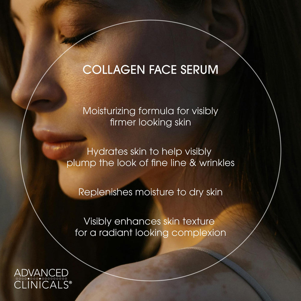 Advanced Clinicals ferulic acid and peptides detail on serum bottle.