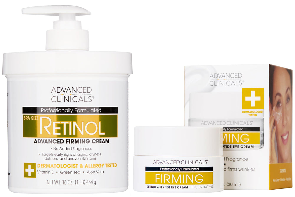 Advanced Clinicals firming retinol eye cream box promotes fragrance-free under-eye care.