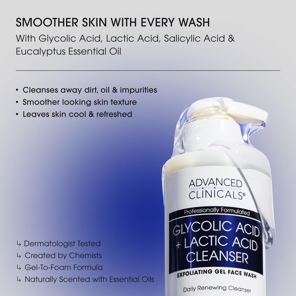Foamy lather from Advanced Clinicals Glycolic Face Wash delivers a gentle cleanse