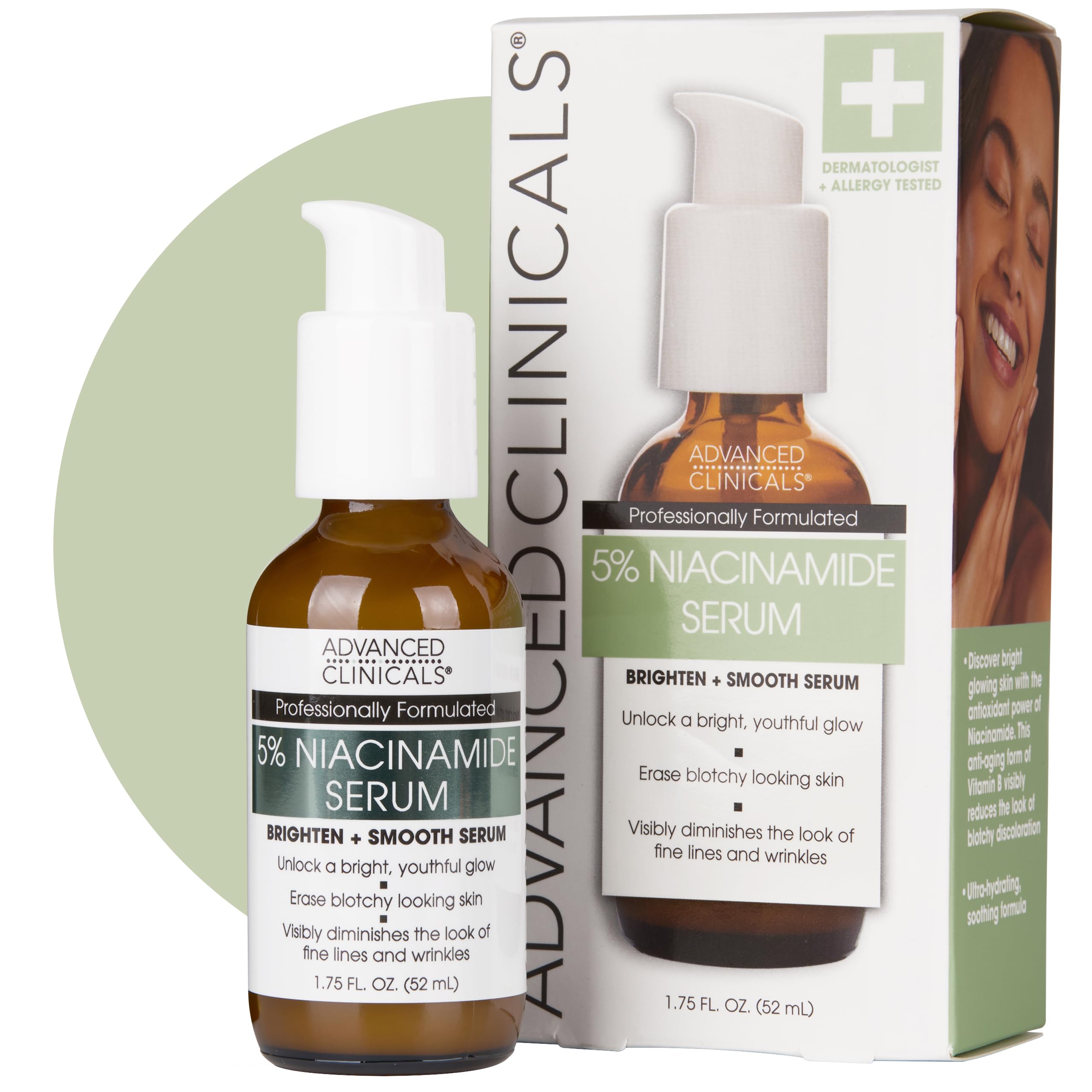 Advanced Clinicals Niacinamide Serum bottle closeup highlighting balanced tone