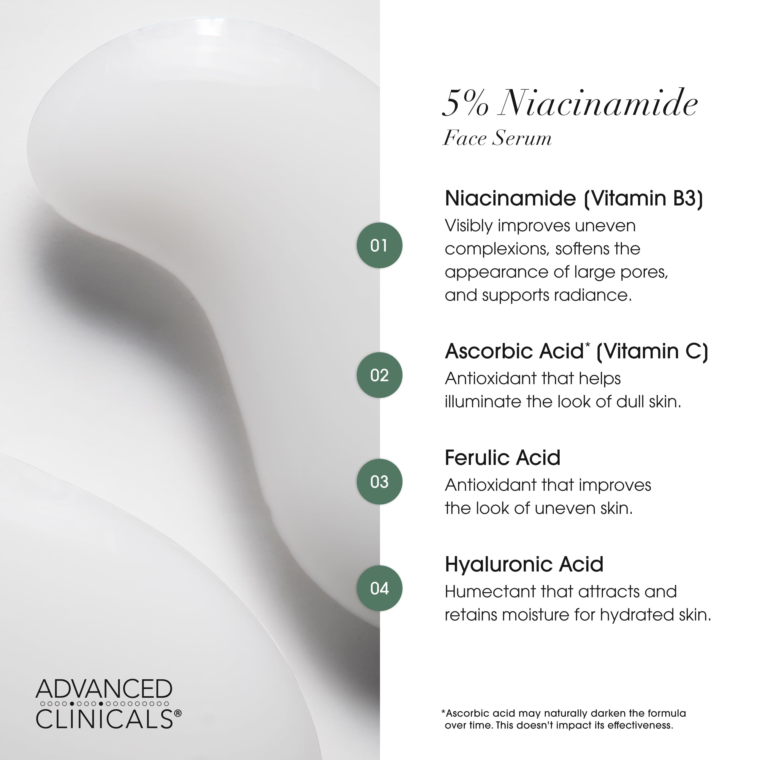 Advanced Clinicals Niacinamide Serum with hyaluronic acid detail emphasizing hydration