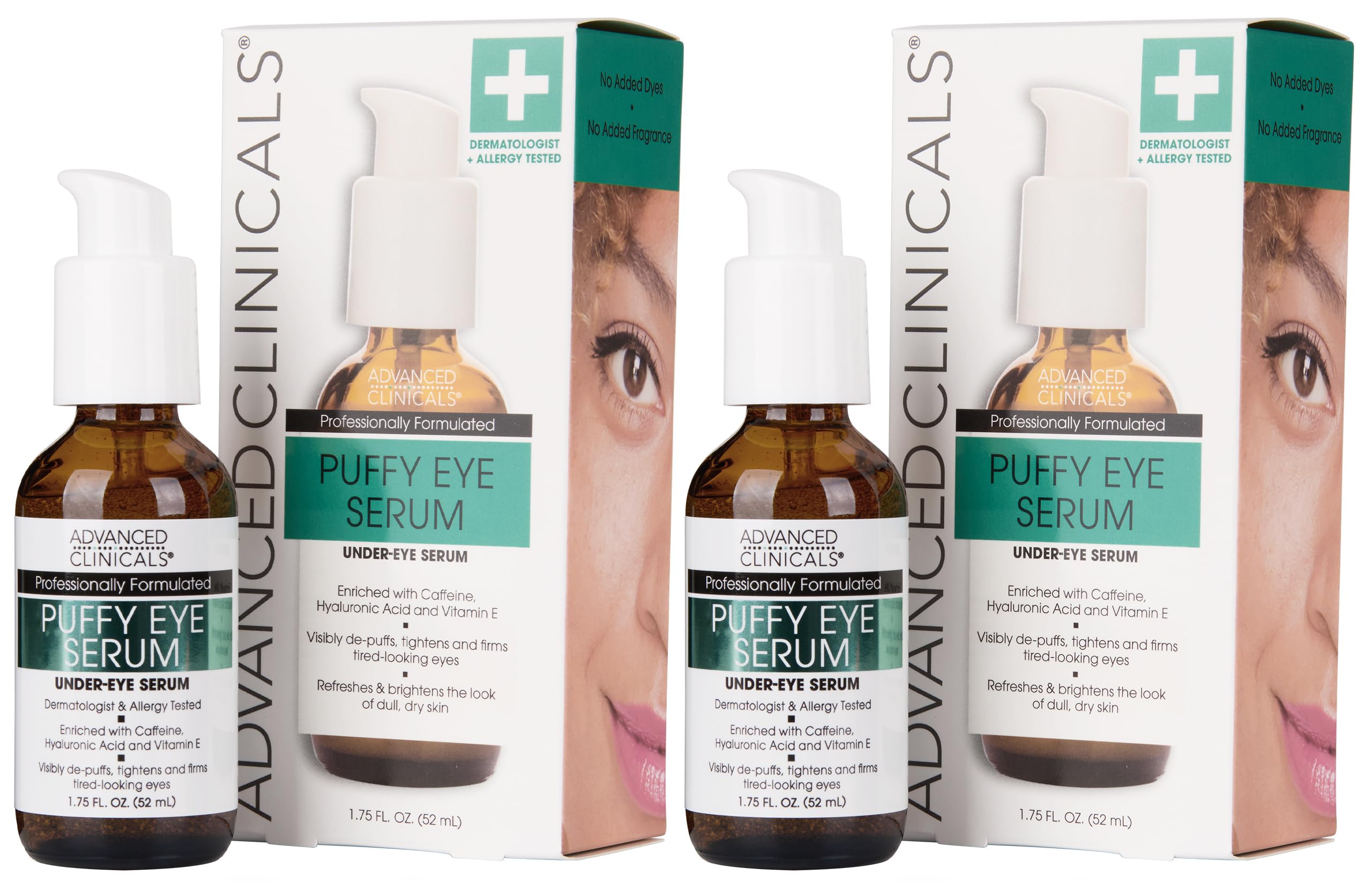 Advanced Clinicals Puffy Eye Serum bottle closeup showing depuffing formula.