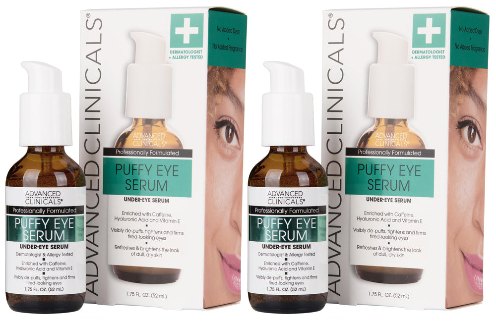 Advanced Clinicals Puffy Eye Serum bottle closeup showing depuffing formula.