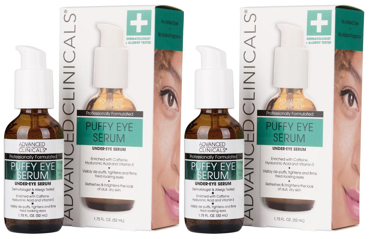 Advanced Clinicals Puffy Eye Serum bottle closeup showing depuffing formula.