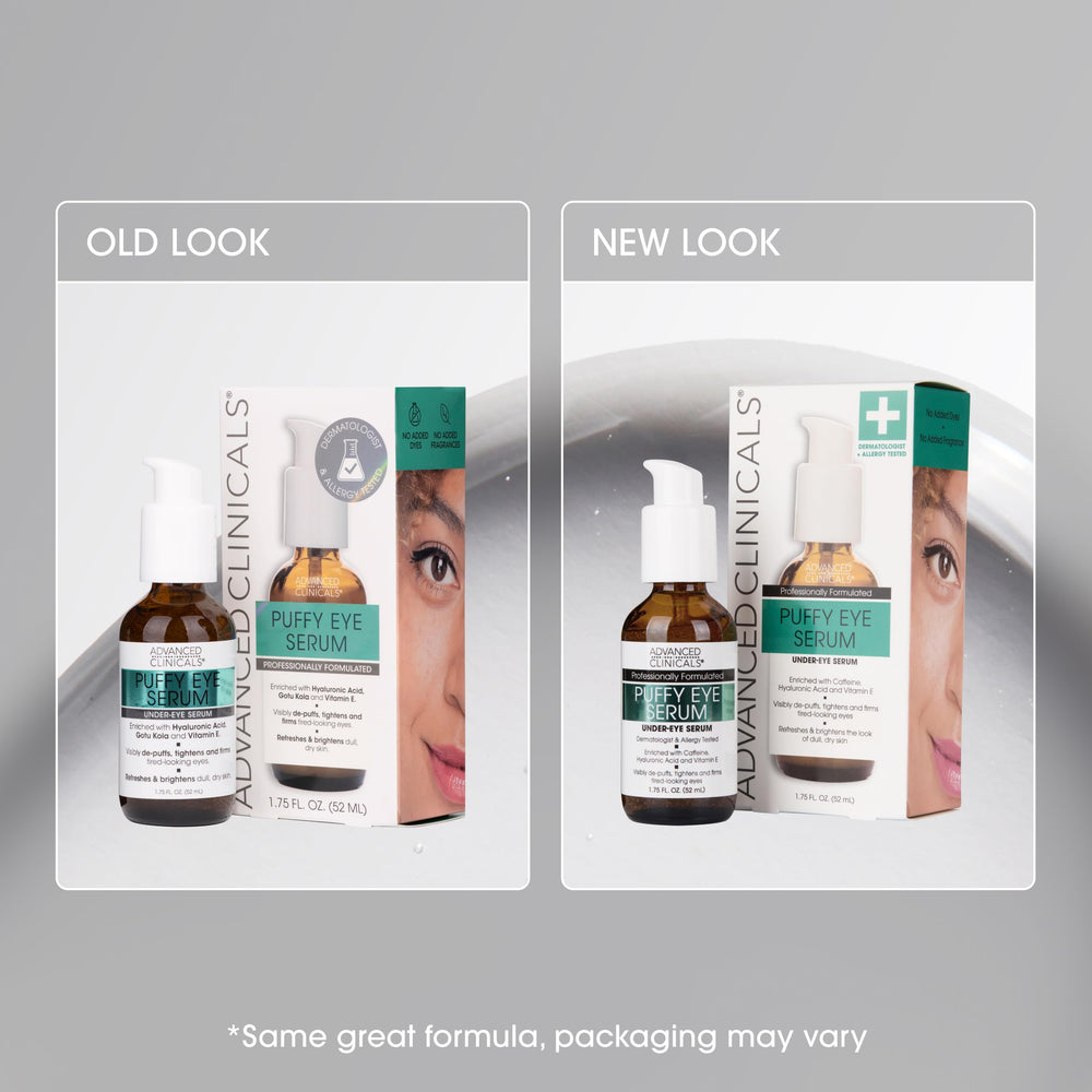 Advanced Clinicals Puffy Eye Serum under-eye area application, smooth and hydrated.