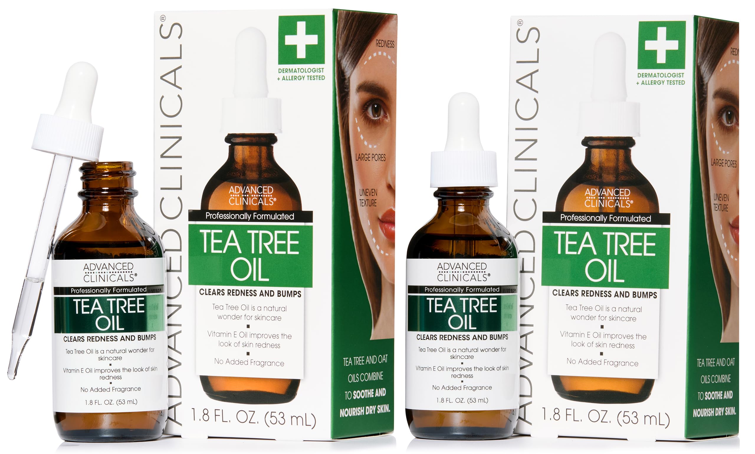 Advanced Clinicals Tea Tree Serum bottle illustrating pore-refining skincare benefits.