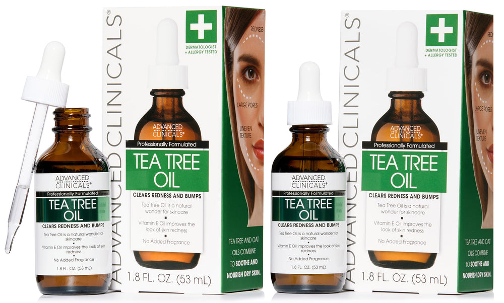 Advanced Clinicals Tea Tree Serum bottle illustrating pore-refining skincare benefits.