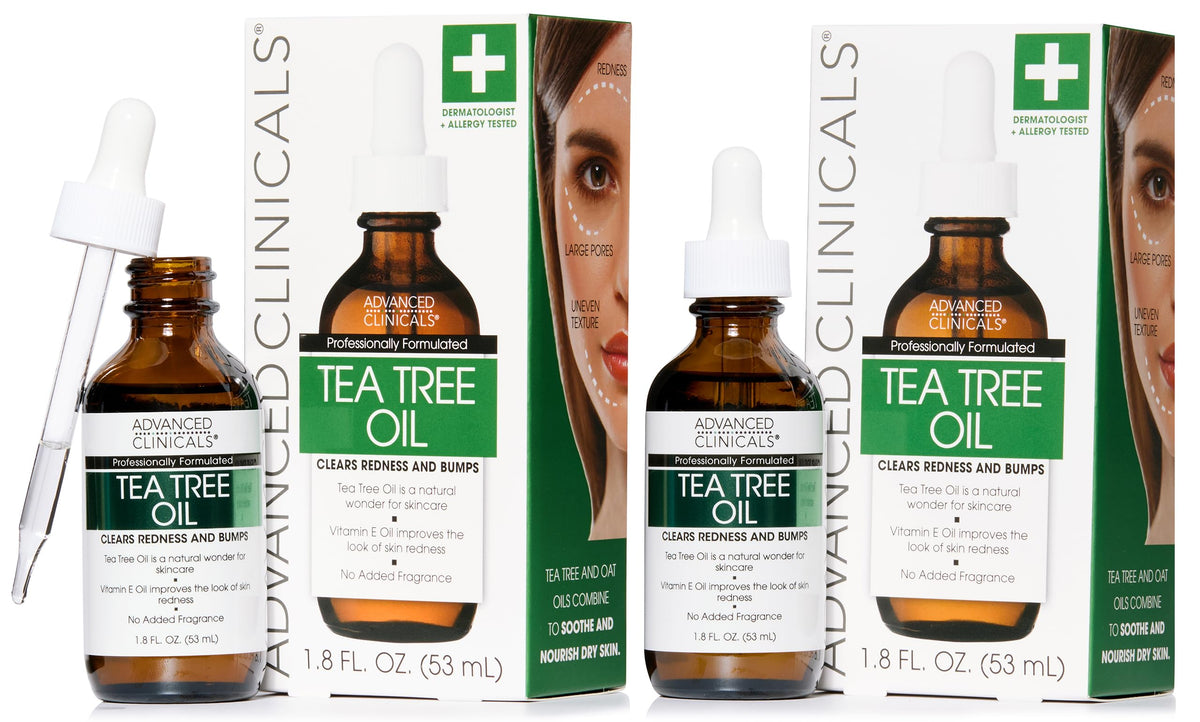 Advanced Clinicals Tea Tree Serum bottle illustrating pore-refining skincare benefits.