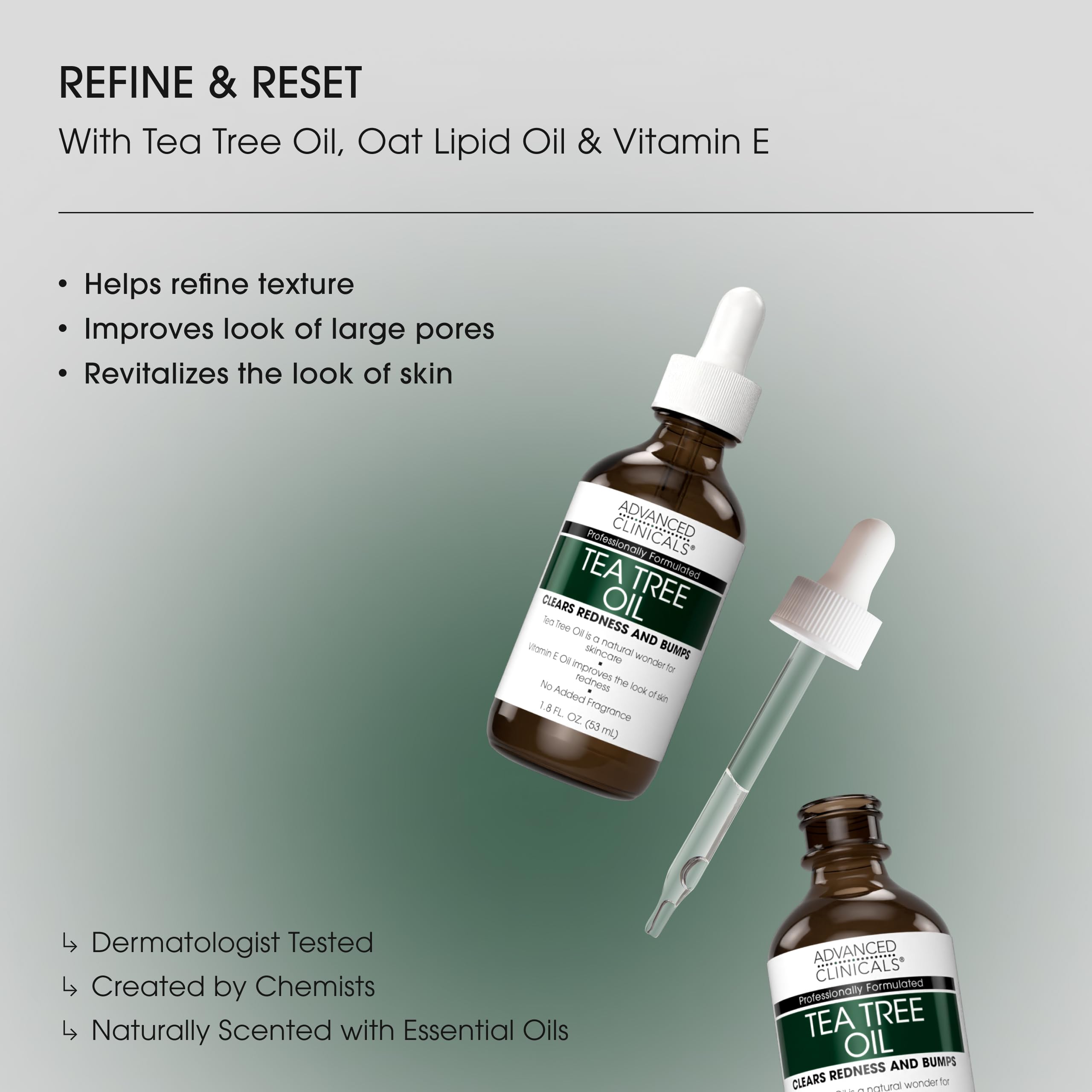 Texture close-up of Advanced Clinicals Tea Tree Serum shows lightweight, smoothing finish.