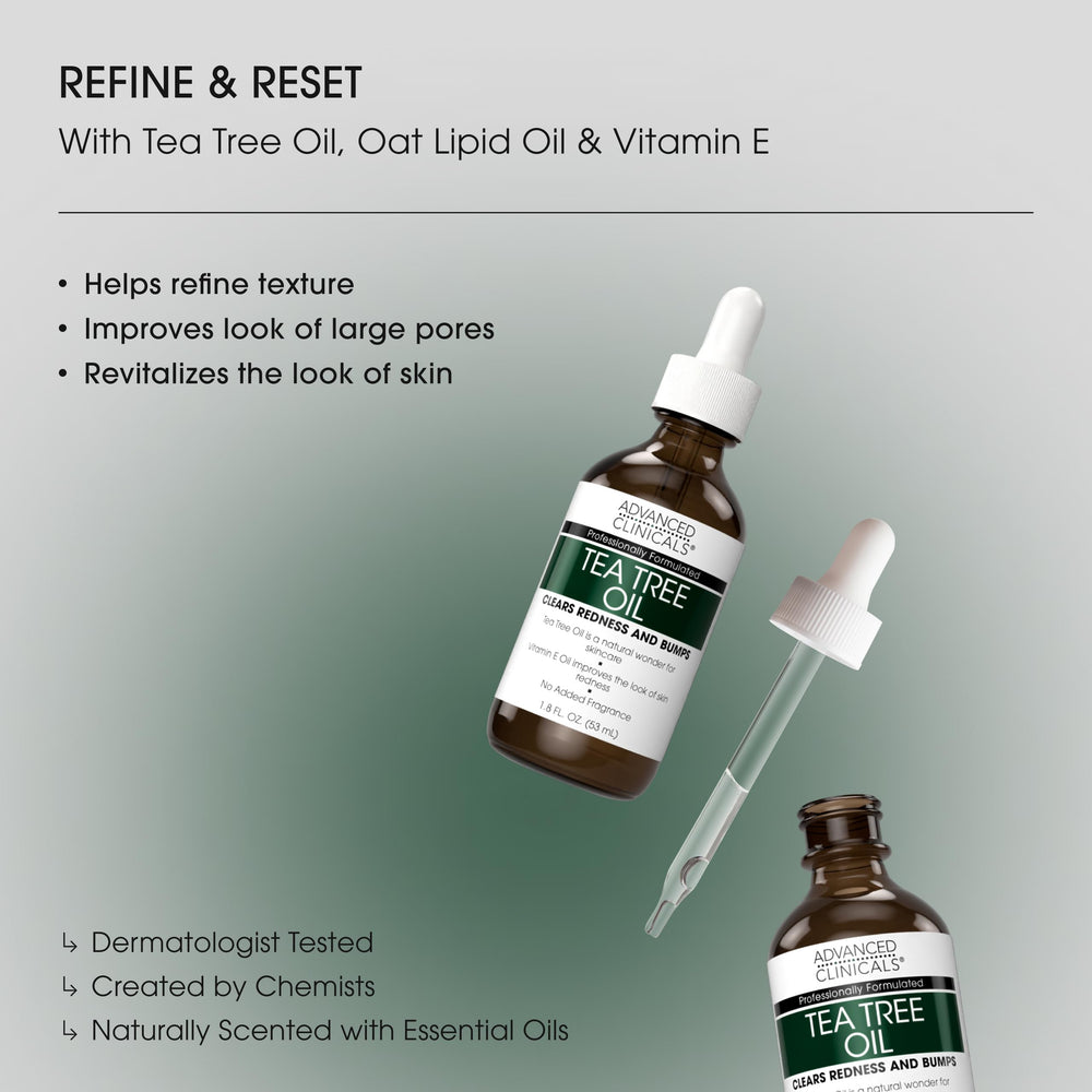 Texture close-up of Advanced Clinicals Tea Tree Serum shows lightweight, smoothing finish.