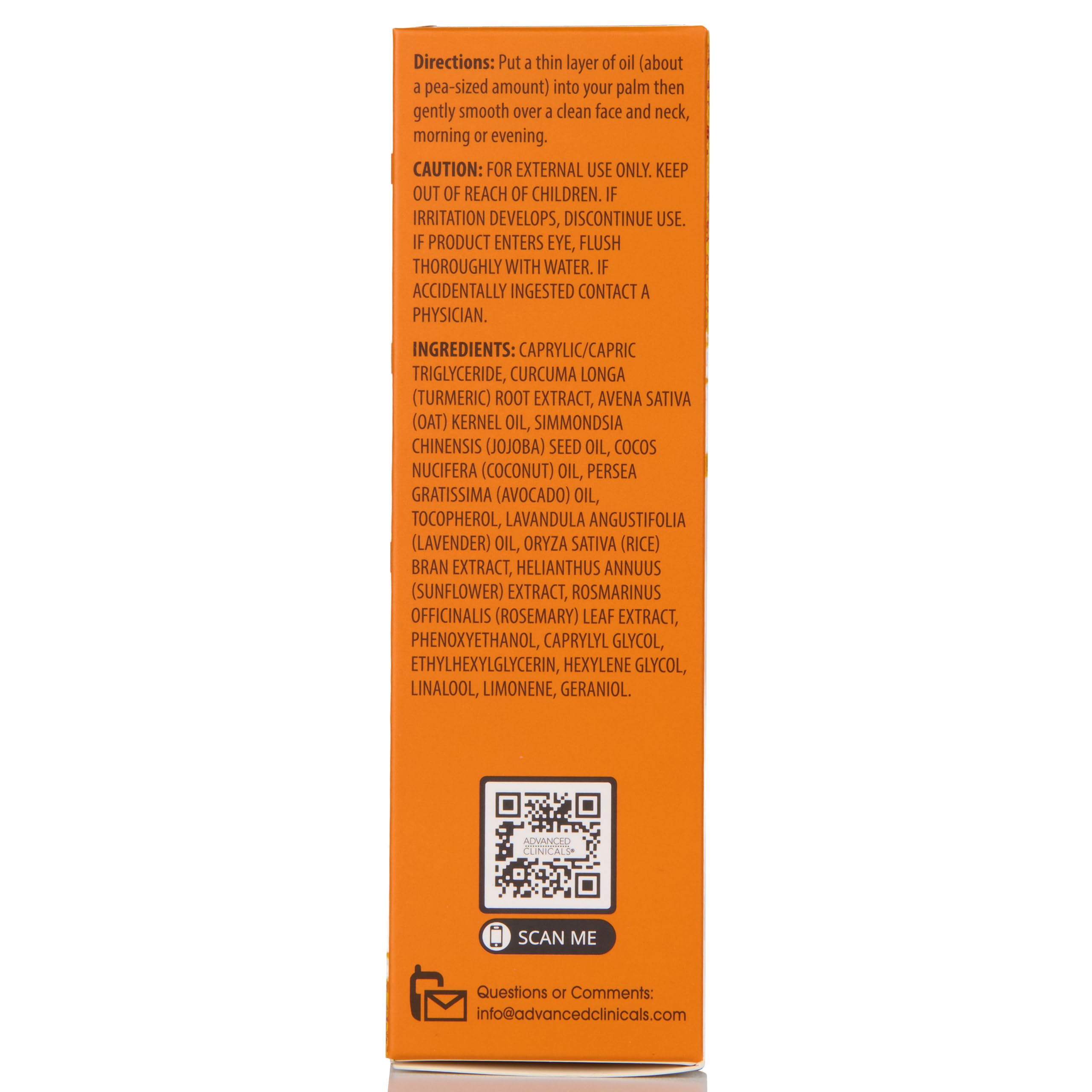 Close-up of Advanced Clinicals Turmeric Oil Serum bottle with golden oil.