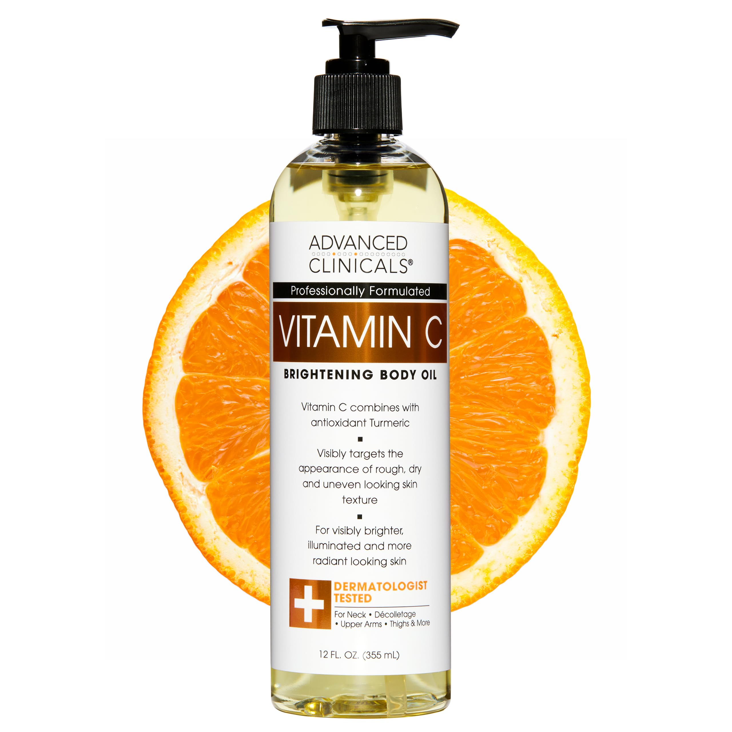 Advanced Clinicals Vitamin C Brightening Body Oil bottle showcasing radiant, hydrated skin.