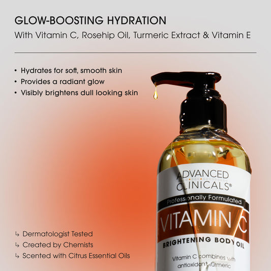 Advanced Clinicals Vitamin C Brightening Body Oil pour demonstrates smooth, quick absorption.