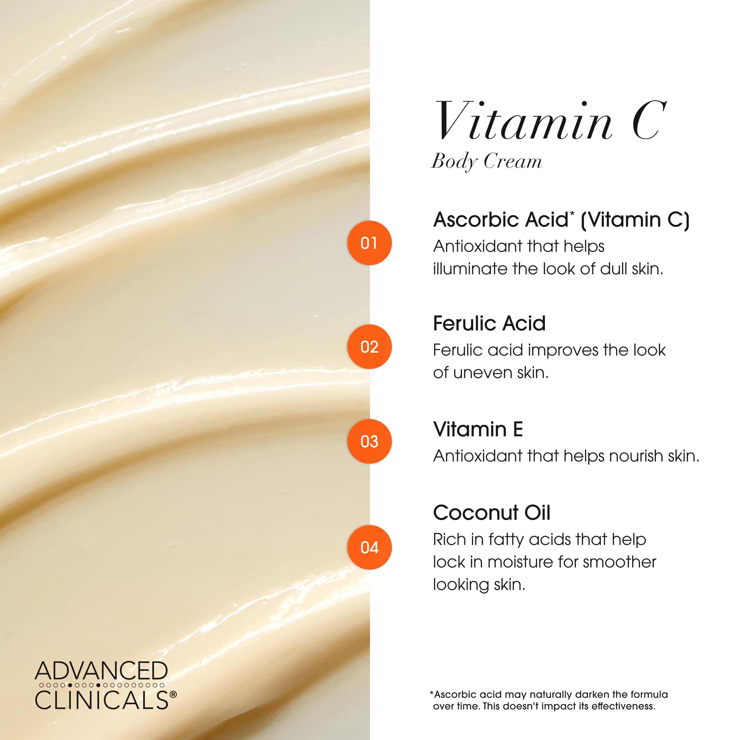 Advanced Clinicals Ferulic acid and coconut oil in the Vitamin C Cream boost hydration.