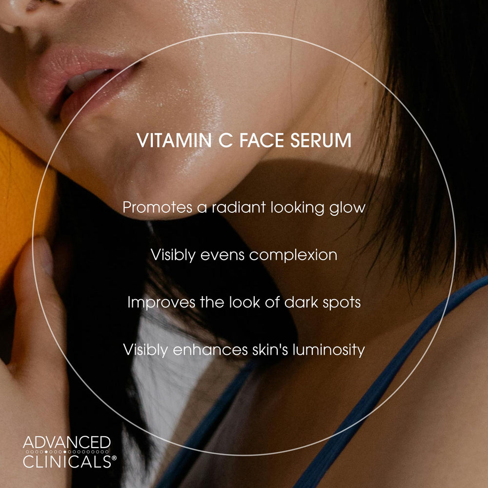 Advanced Clinicals vitamin C serum bottle highlighting glow and even tone use.
