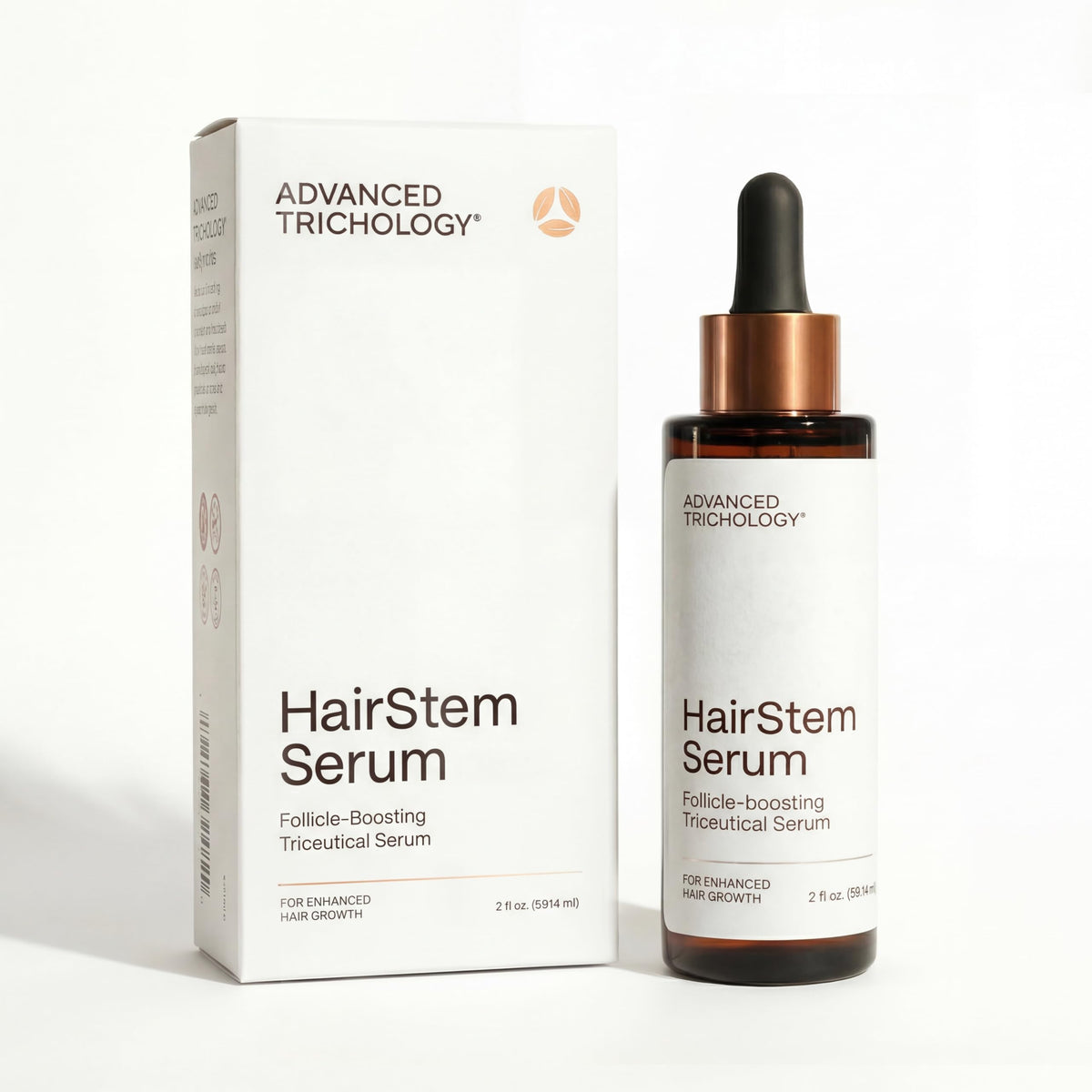 HairStem bottle close-up showing scalp nourishing serum for thicker hair.