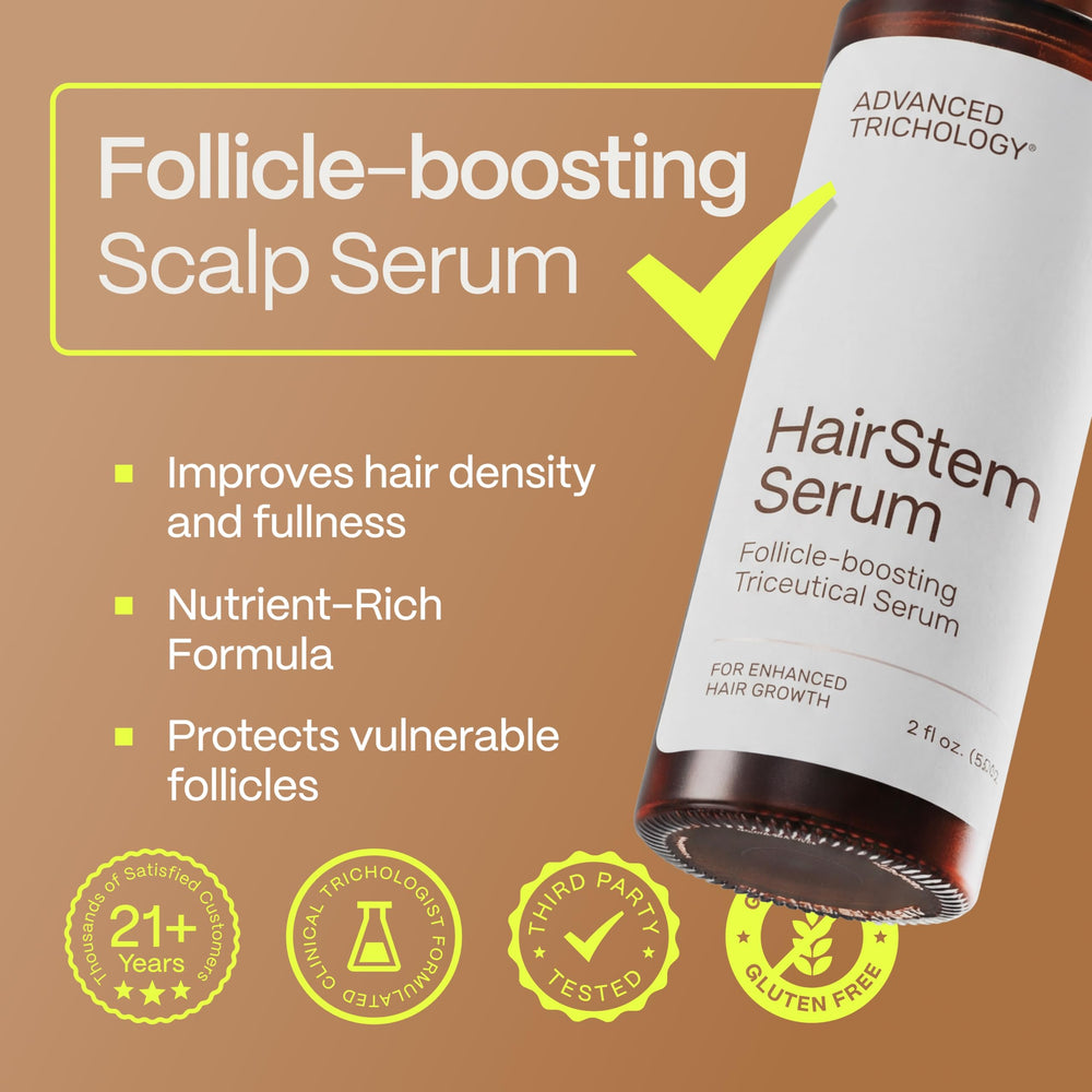 HairStem bottle and packaging on display highlighting professional-grade care.