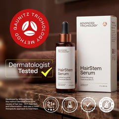 HairStem bottle against clean background illustrating easy scalp application.
