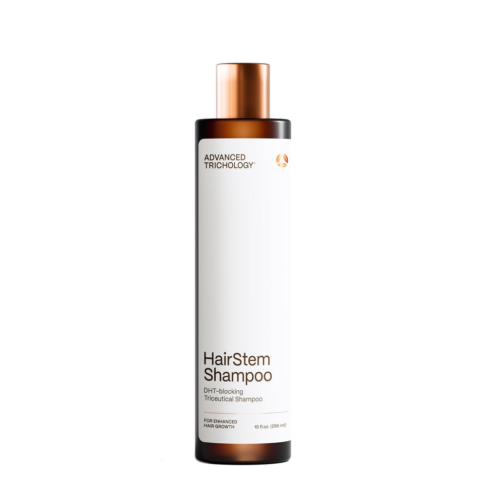 Advanced Trichology HairStem Shampoo bottle closeup highlights sulfate-free formula for healthier scalp.