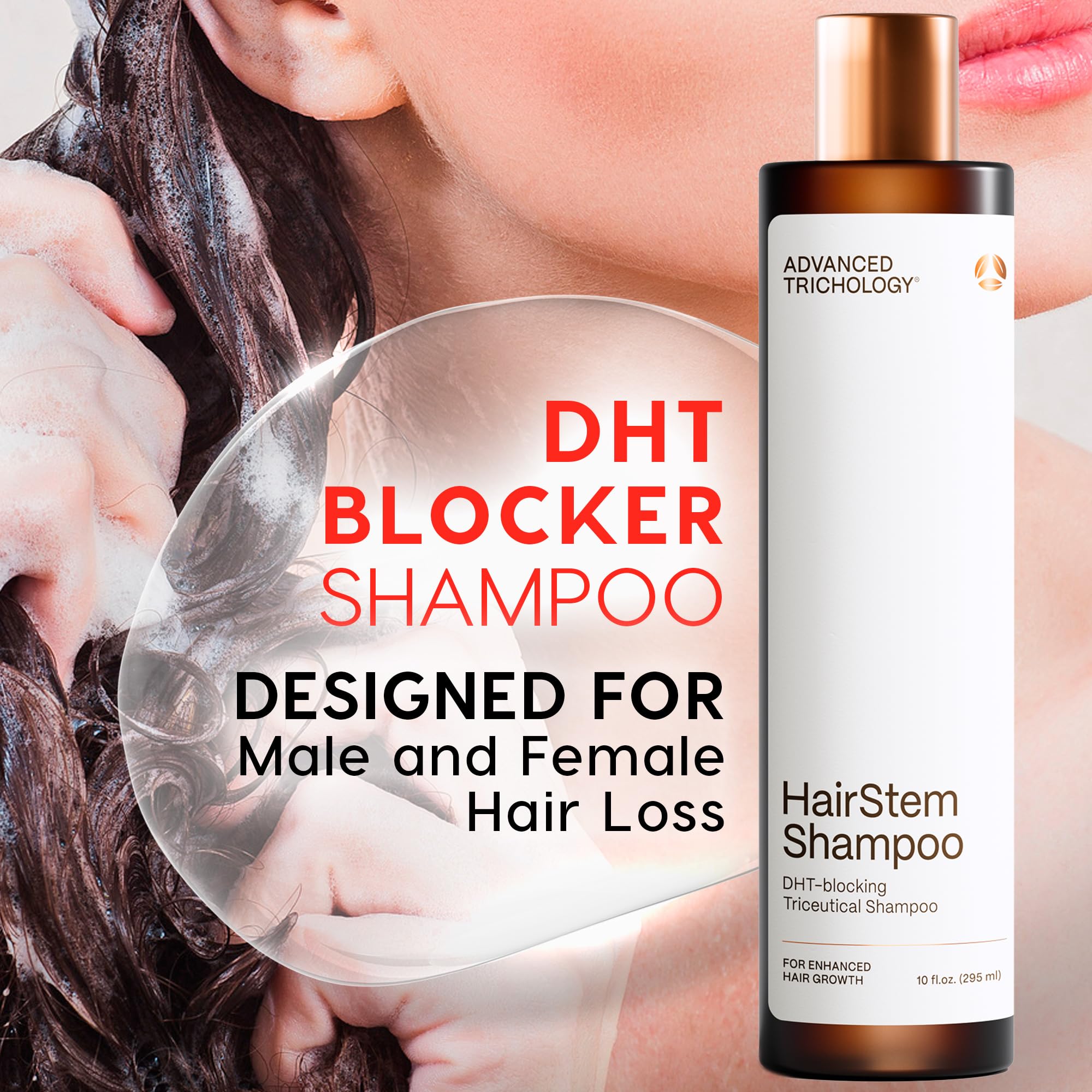 Advanced Trichology HairStem Shampoo bottle side view shows branding and ingredients.