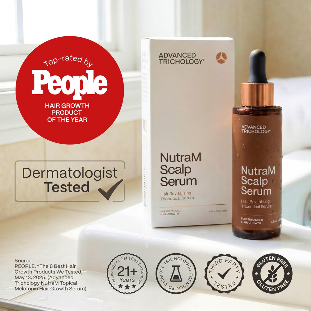 NutraM bottle shown in a dermatologist-tested clinic context.