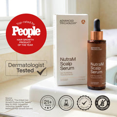 NutraM bottle shown in a dermatologist-tested clinic context.