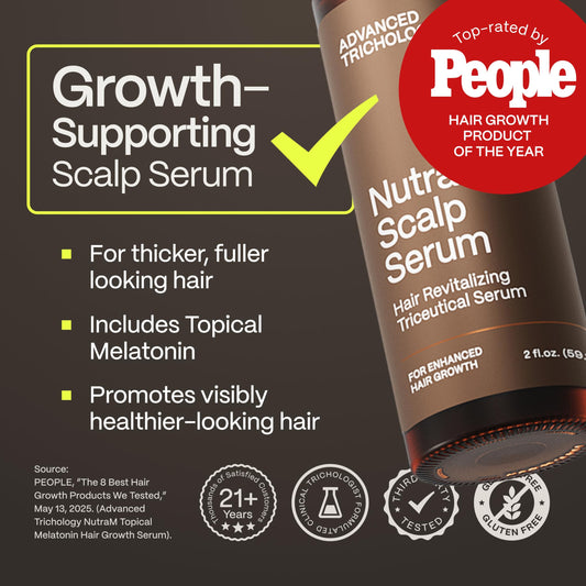 NutraM serum drop on fingertip ready for easy scalp application.