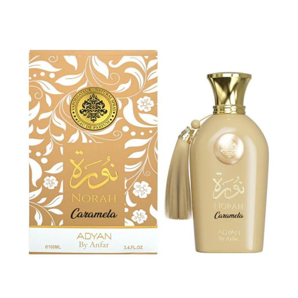 Adyan Norah Caramela bottle with golden glass and floral motif suggesting premium longevity.