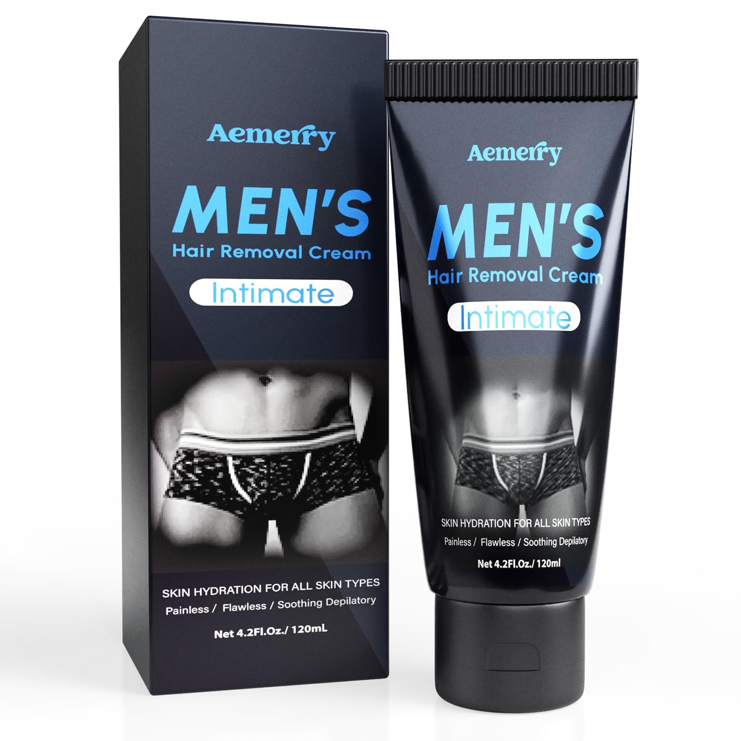 Aemerry intimate hair removal cream bottle demonstrates easy application and soothing formula.