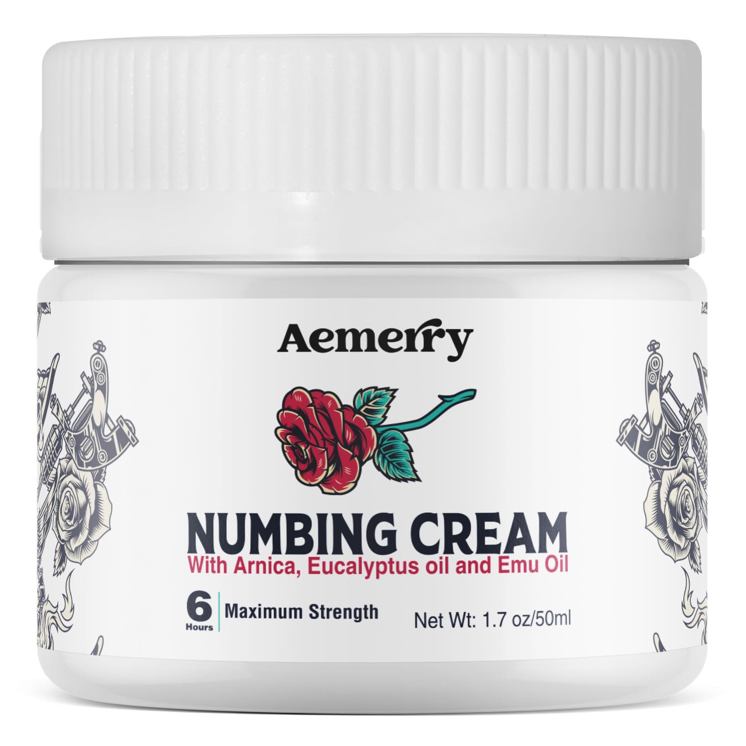 Aemerry Tattoo Numbing Cream maximum-strength packaging in a premium white jar for easy use.