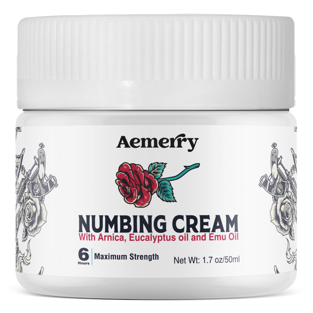 Aemerry Tattoo Numbing Cream maximum-strength packaging in a premium white jar for easy use.