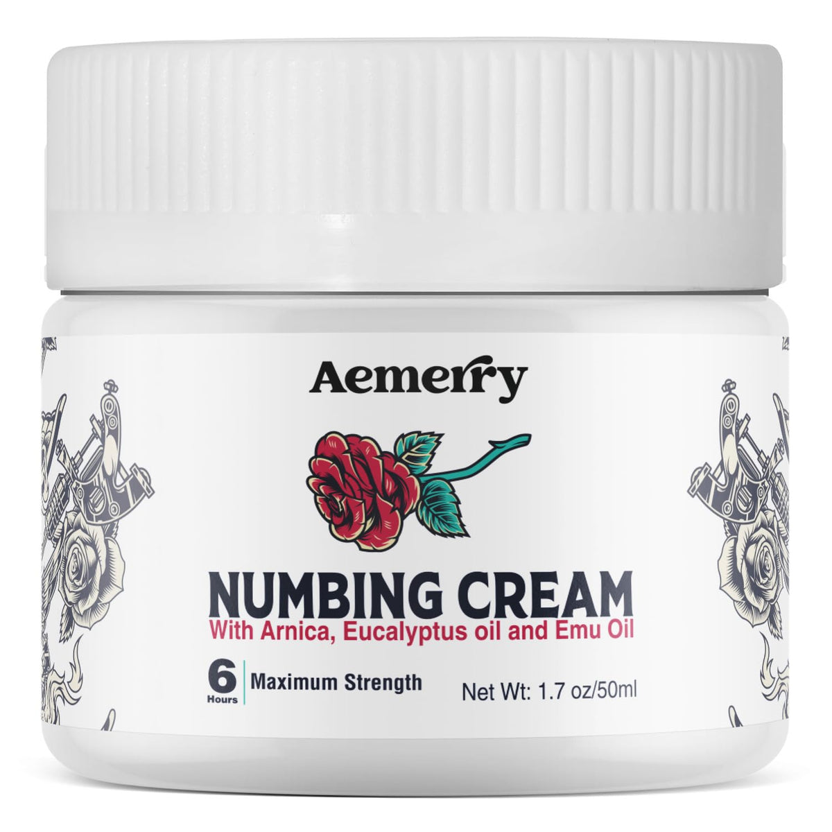 Aemerry Tattoo Numbing Cream maximum-strength packaging in a premium white jar for easy use.