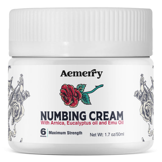 Aemerry Tattoo Numbing Cream maximum-strength packaging in a premium white jar for easy use.