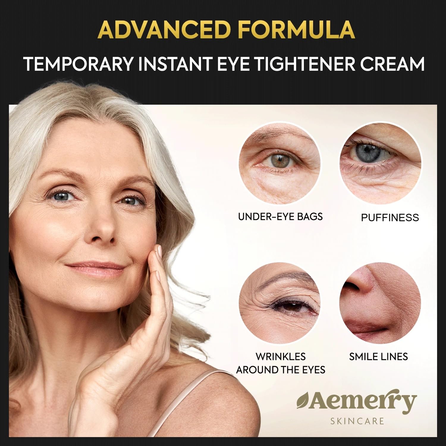Aemerry under-eye application close-up showing smooth, refined skin area.