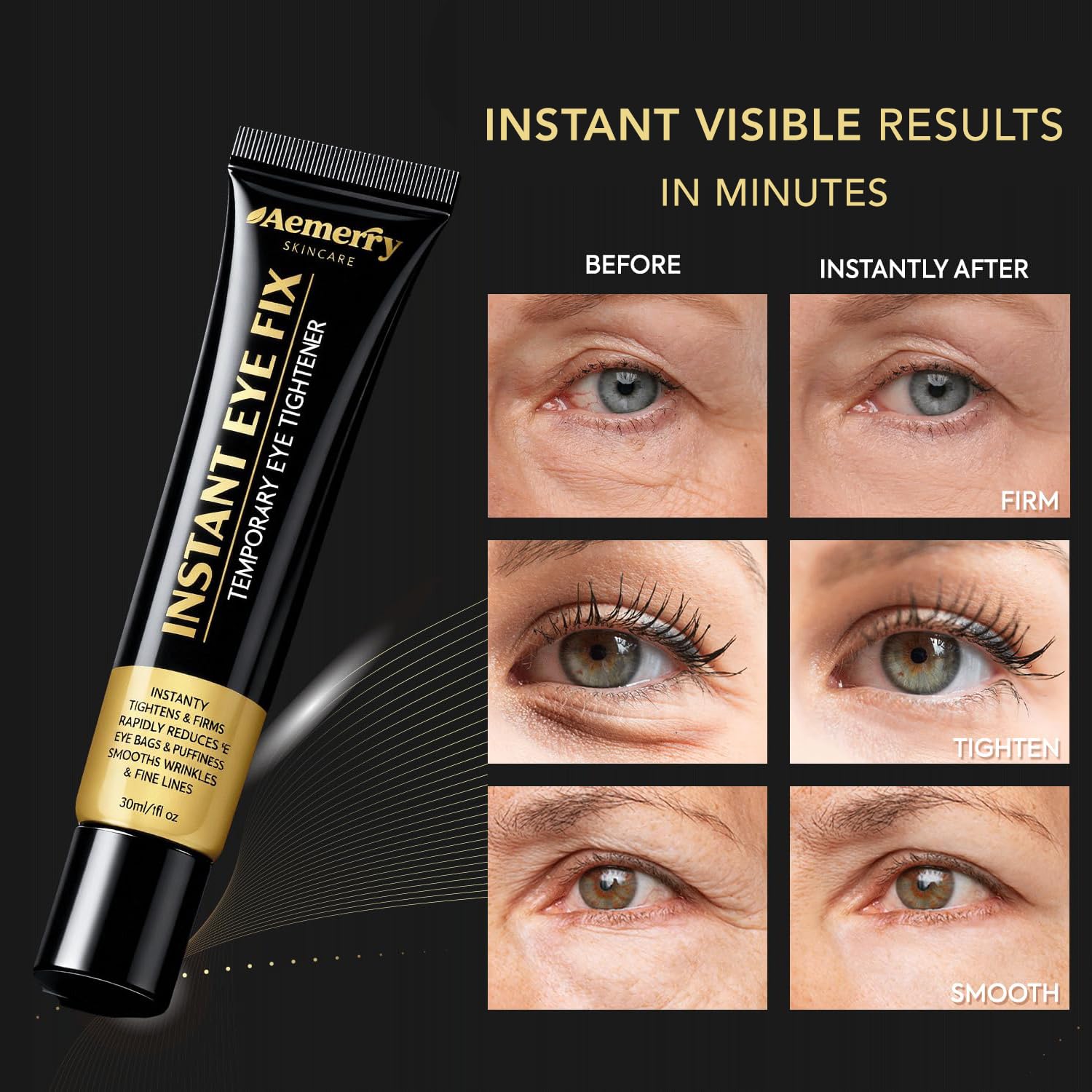 Under-eye puffiness close-up with diminished tired appearance using Aemerry