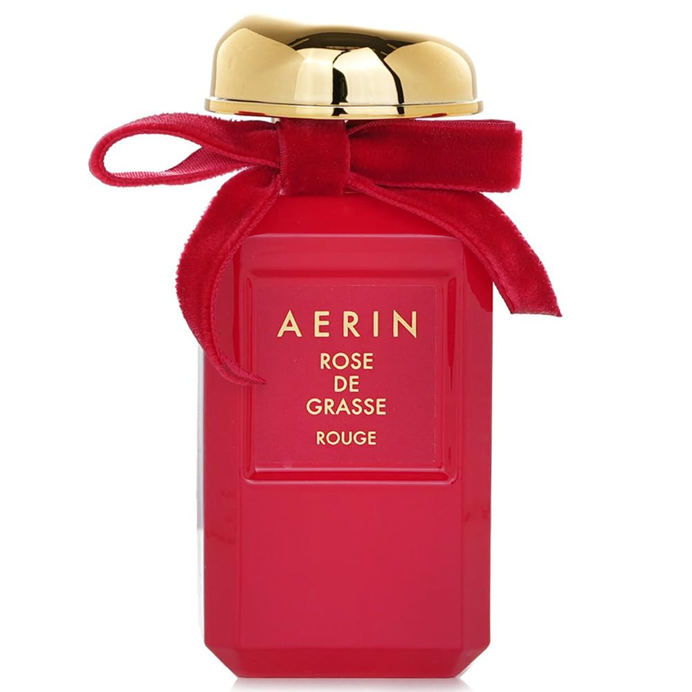 AERIN Rose De Grasse Rouge bottle shown for elegant evening wear and signature floral scent.