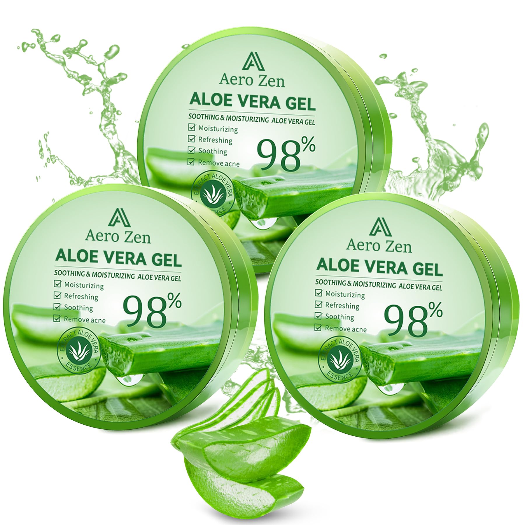 Aero Zen 3-pack Pure Aloe Gel full bottles for multipurpose hydration.