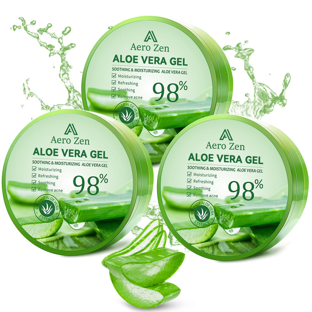 Aero Zen 3-pack Pure Aloe Gel full bottles for multipurpose hydration.