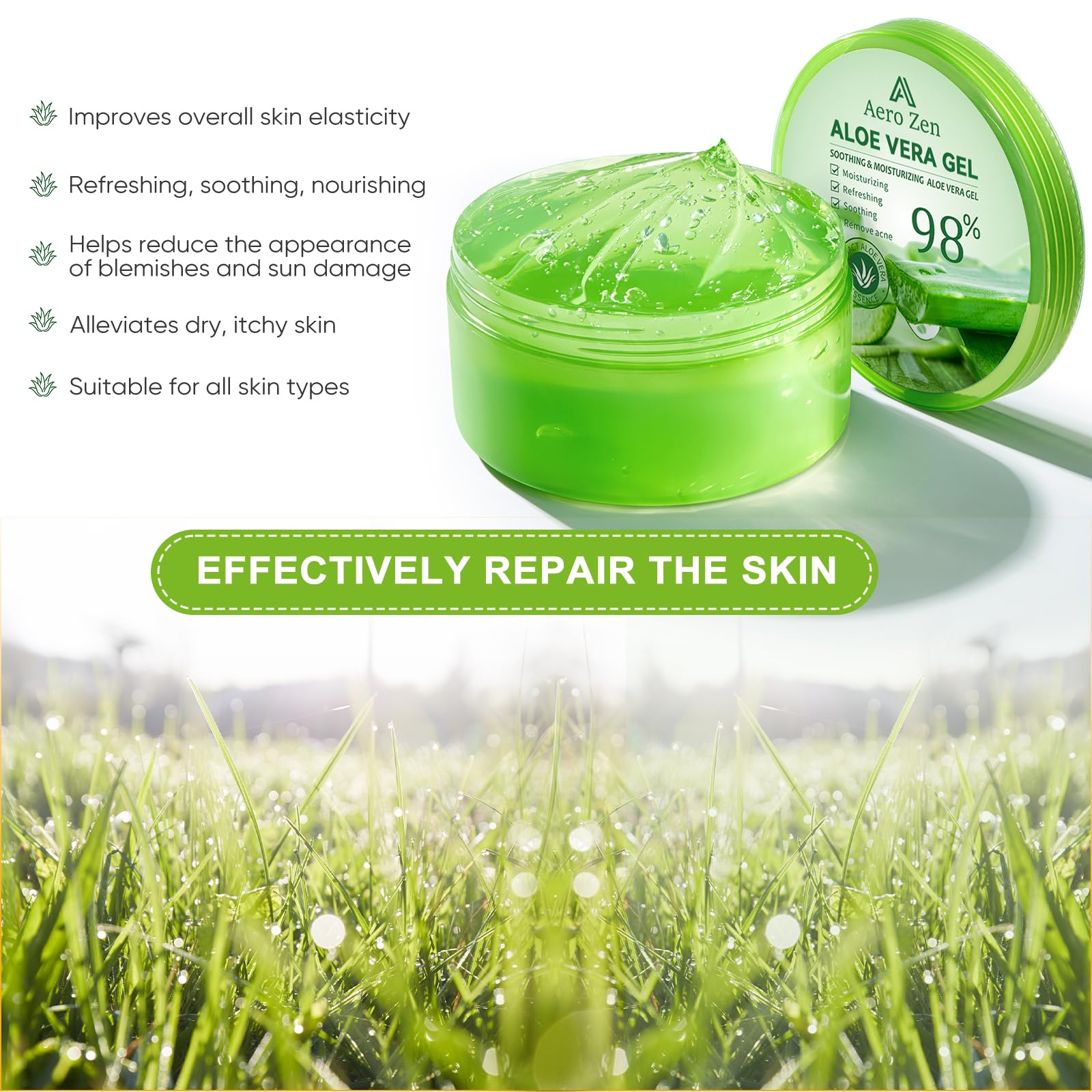 Aero Zen Aloe Gel after-sun soothing for cooling relief.