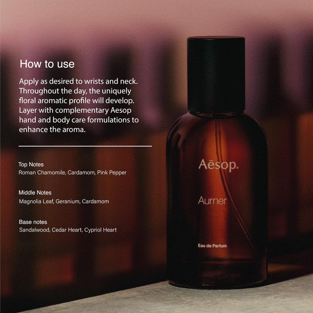 Aesop Aurner bottle closeup label highlighting premium packaging.