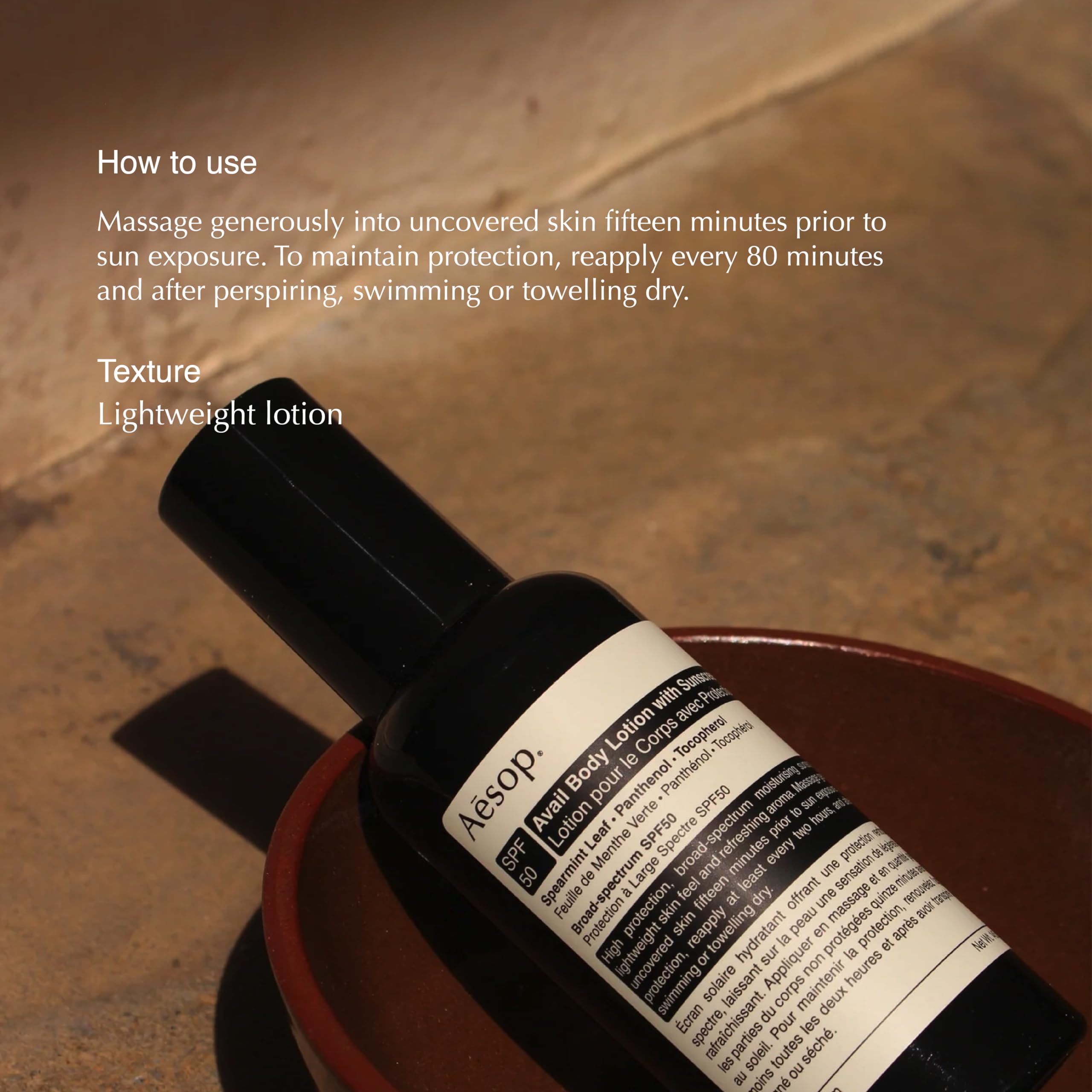 Aesop Avail SPF50 label highlights broad-spectrum protection.